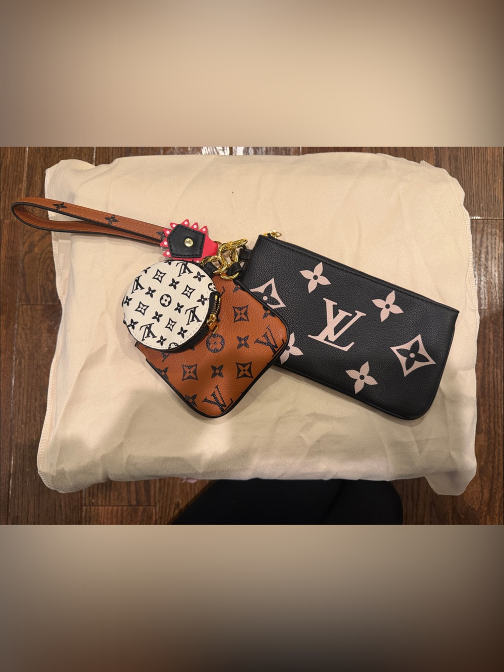 Designer-Inspired Triple Pouch Wristlet - Black, Brown & White